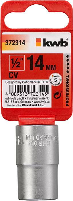 'Stecknuss 14 mm' mit Produktetikett: 'kwb Professional', Größe 1/2", Artikelnummer 372314, Kwb Tools GmbH, hergestellt in R.O.C.