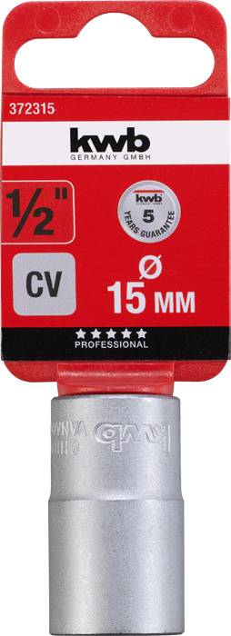'Stecknuss, 1/2 Zoll, 15 mm Durchmesser, hergestellt von kwb Germany GmbH, CV-Stahl, 5 Jahre Garantie.'