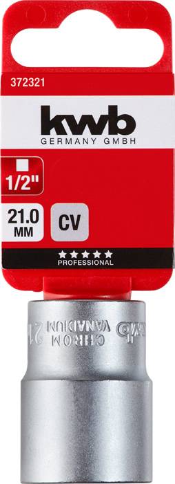 Steckschlüssel 21 mm, 1/2-Zoll-Antrieb, verpackt auf roter KWB-Karte. Geeignet für professionelle Anwendungen.