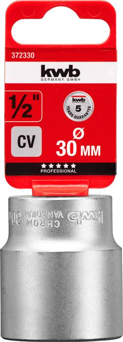 'Silberne Stecknuss 30mm von kwb, CV-Stahl. Verpackung zeigt Marke, 5 Jahre Garantie und Größe 1/2 Zoll.'