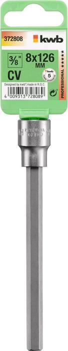 Bohrer mit Sechskantanschluss, 8×126 mm, CV-Stahl, auf grünem Karton mit Markenlogo und Produktinformationen.