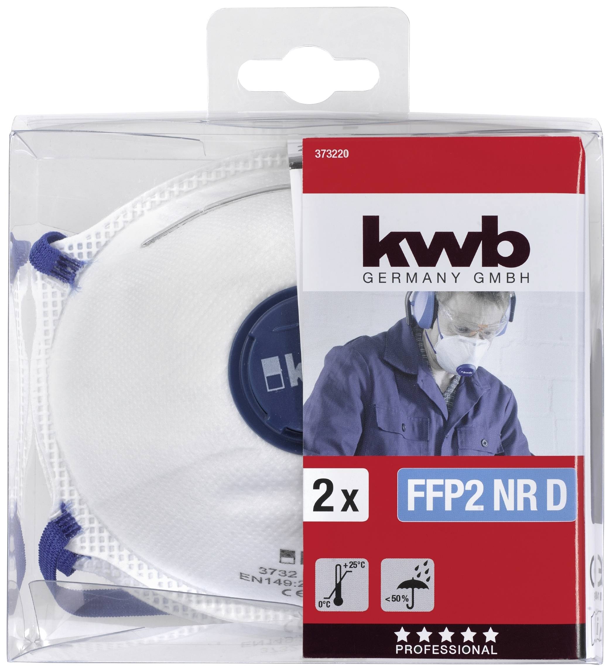 Verpackte Atemschutzmaske 'kwb FFP2 NR D', 2 Stück. Bild eines Arbeiters mit Maske auf der Verpackung, rote und blaue Designelemente.