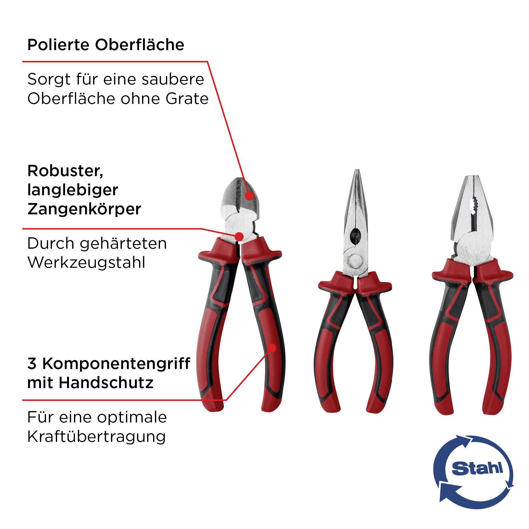 'Drei Zangen mit roten Griffen: Beschriftungen weisen auf polierte Oberfläche, robusten Körper aus gehärtetem Stahl und Handgriffschutz hin.'