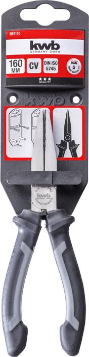 Zange mit grauem Griff in schwarzer Verpackung. Oben steht '160 mm CV DIN ISO 5745'. Piktogramme zeigen Zange im Gebrauch.