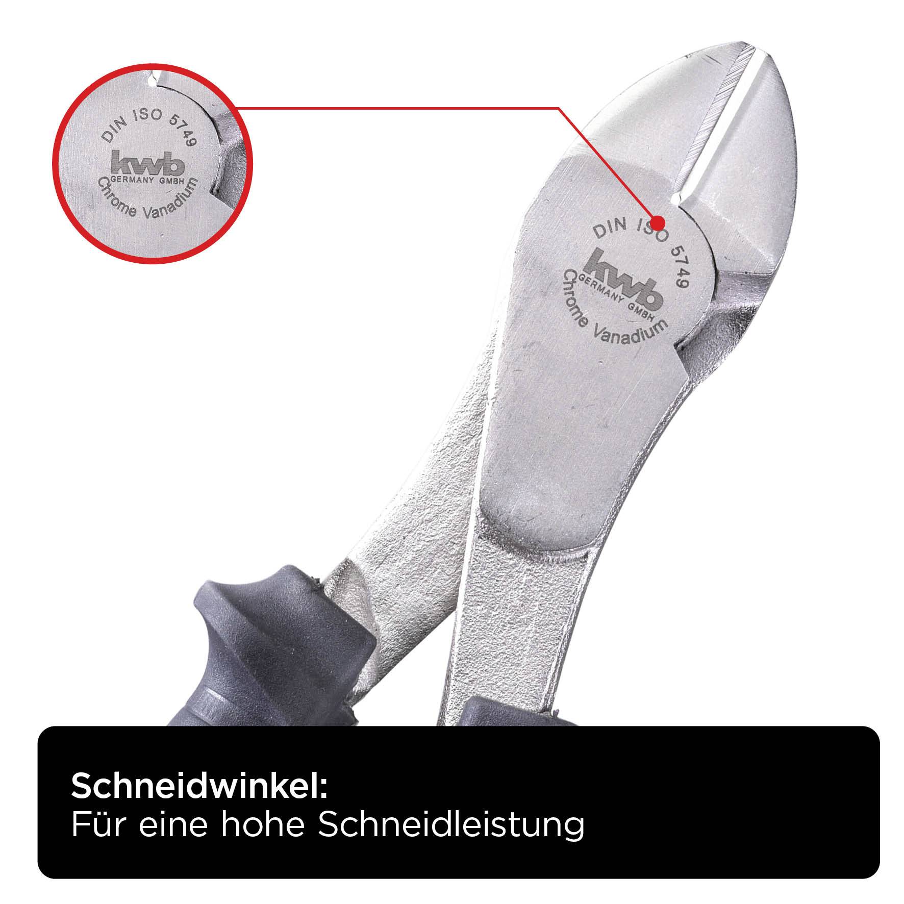 Seitenansicht eines silbernen Seitenschneiders mit Fokus auf die Gravur 'DIN ISO 5749', die eine hohe Schneidleistung hervorhebt.