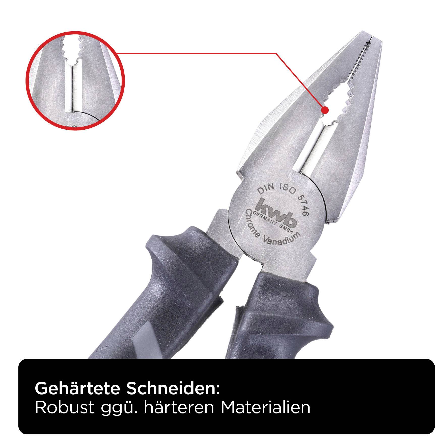 'Nahaufnahme einer Zange mit Detailansicht der gezackten Greifflächen. Text: Gehärtete Schneiden: Robust gegenüber härteren Materialien.'