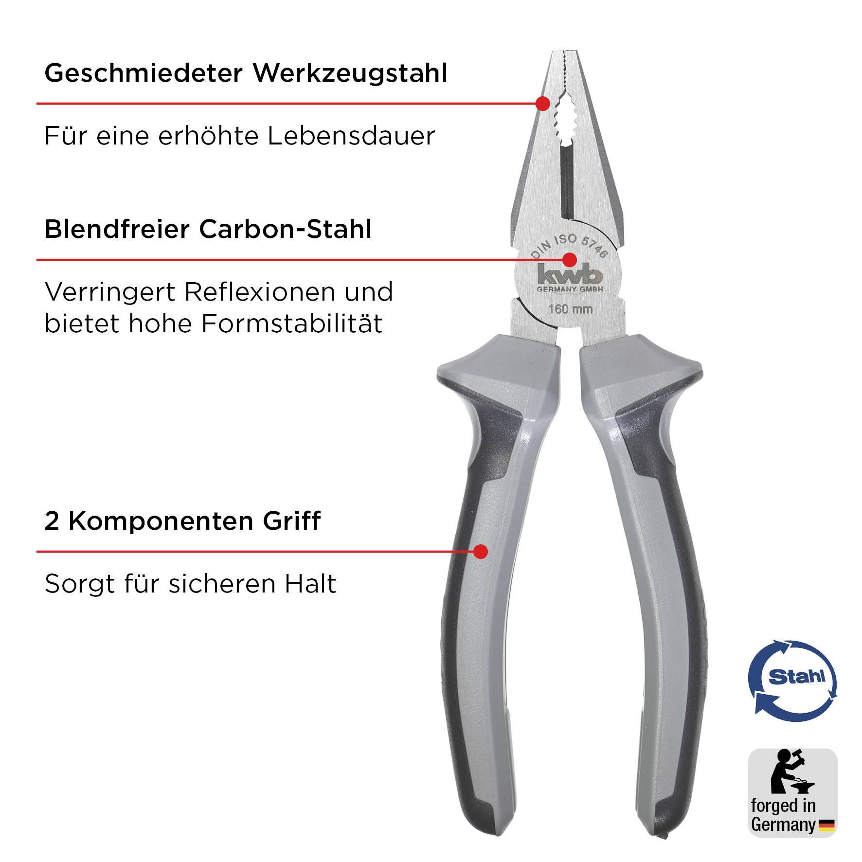 'Zange aus geschmiedetem Werkzeugstahl für lange Lebensdauer. Blendfreier Carbon-Stahl für Formstabilität. Griff sorgt für sicheren Halt.'