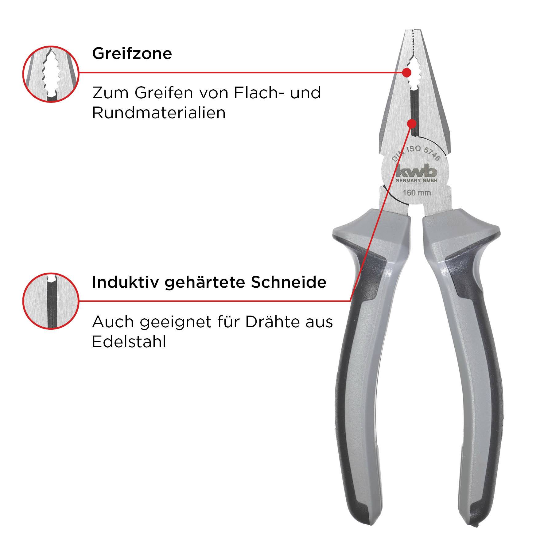 Kombizange mit grauen Griffen und Textbeschriftungen. 'Greifzone' zeigt gezackten Bereich vorne, geeignet für flaches und rundes Material. 'Induktiv gehärtete Schneide', auch für Edelstahldrähte.