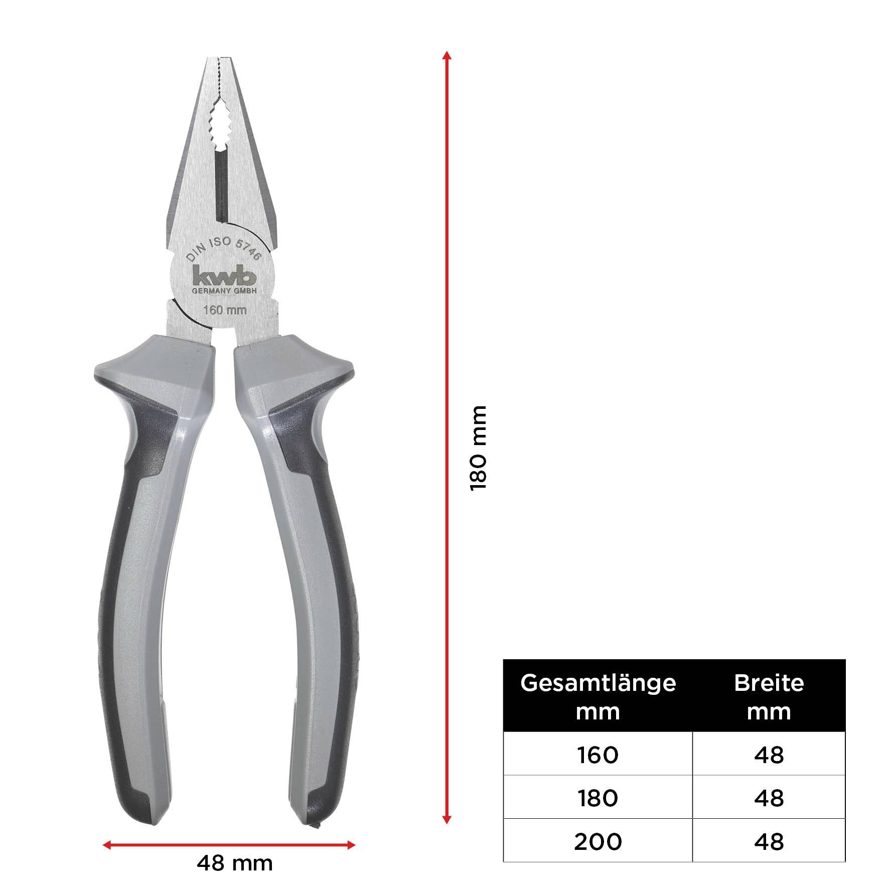 'Zange mit grauen Griffen, Gesamtlänge 180 mm, Breite 48 mm, Tabelle: 160/48, 180/48, 200/48 mm'