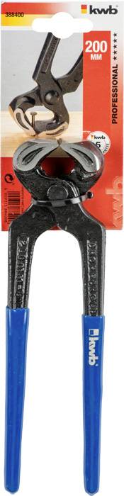 Zange 200 mm, schwarz mit blauen Griffen, auf einer Verpackung mit Produktbild und Marke 'kwb'. Geeignet zum Herausziehen von Nägeln.