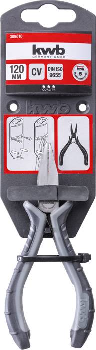 Große Werkzeugzange in einer Verpackung mit Beschriftung 'kwb 120 mm CV'. Grafiken zeigen Nutzungstipps und Details zur Zange.