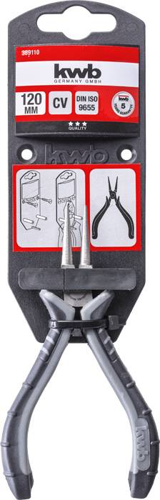 'Kwb' 120 mm CV Zange auf Kartonhülle mit Beschreibungen zu Verwendung und Sicherheitsrichtlinien, inklusive Zeichnungen.