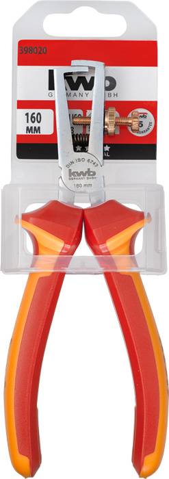 Rote und orangefarbene Zange von 'knipex', 160 mm. Verpackung zeigt Produktmerkmale und Logo.