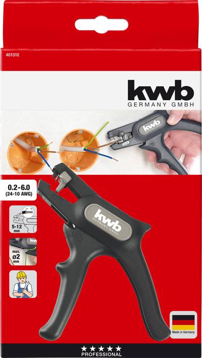 Verpackung eines Abisolierwerkzeugs von 'kwb Germany GmbH', zeigt ein Werkzeug zum Isolieren von Kabeln mit einem ergonomischen Griff.