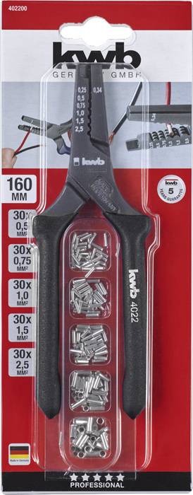 Eine Packung mit einer Crimpzange und verschiedenen Kabelschuhen von 'kwb'. Aufdruck: 160 mm, 5 Größen, Made in Germany.