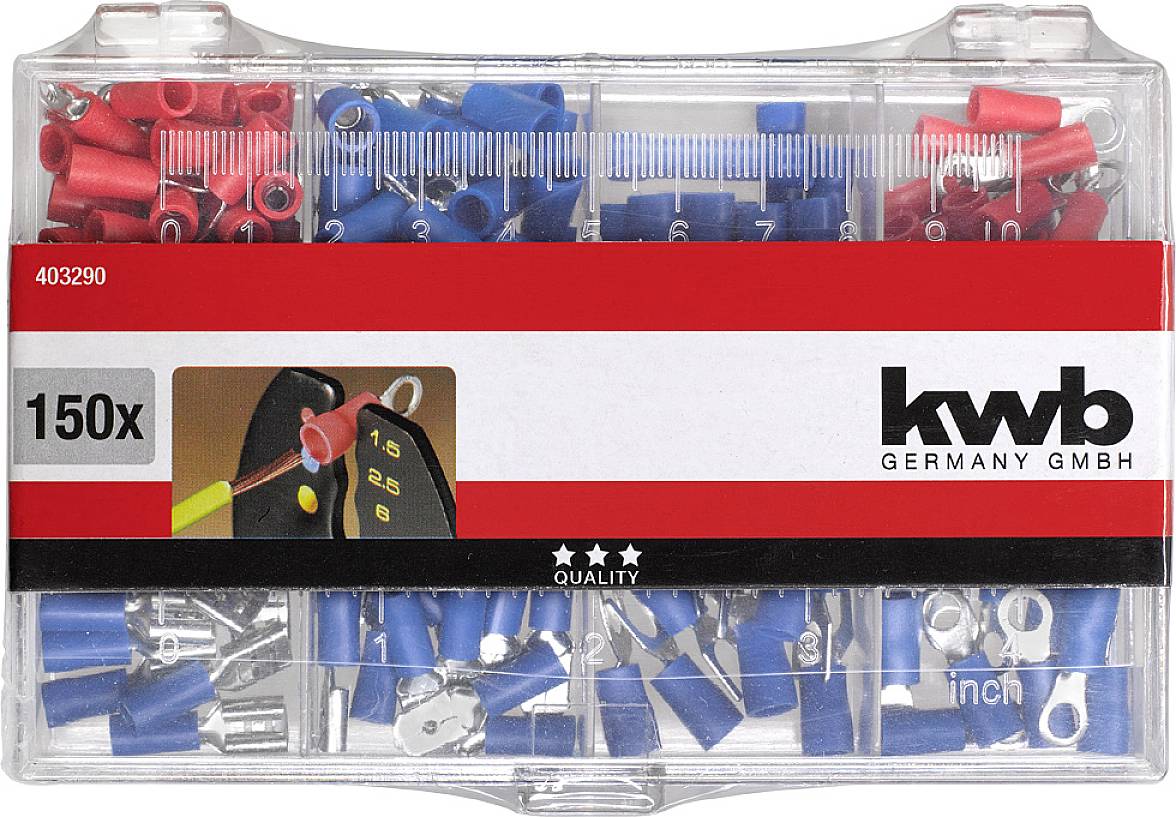 Box mit 150 Kabelschuhen in Rot und Blau. Enthält verschiedene Größen und Typen. Markiert mit 'kwb Germany GmbH' und Maßstab in Zoll.
