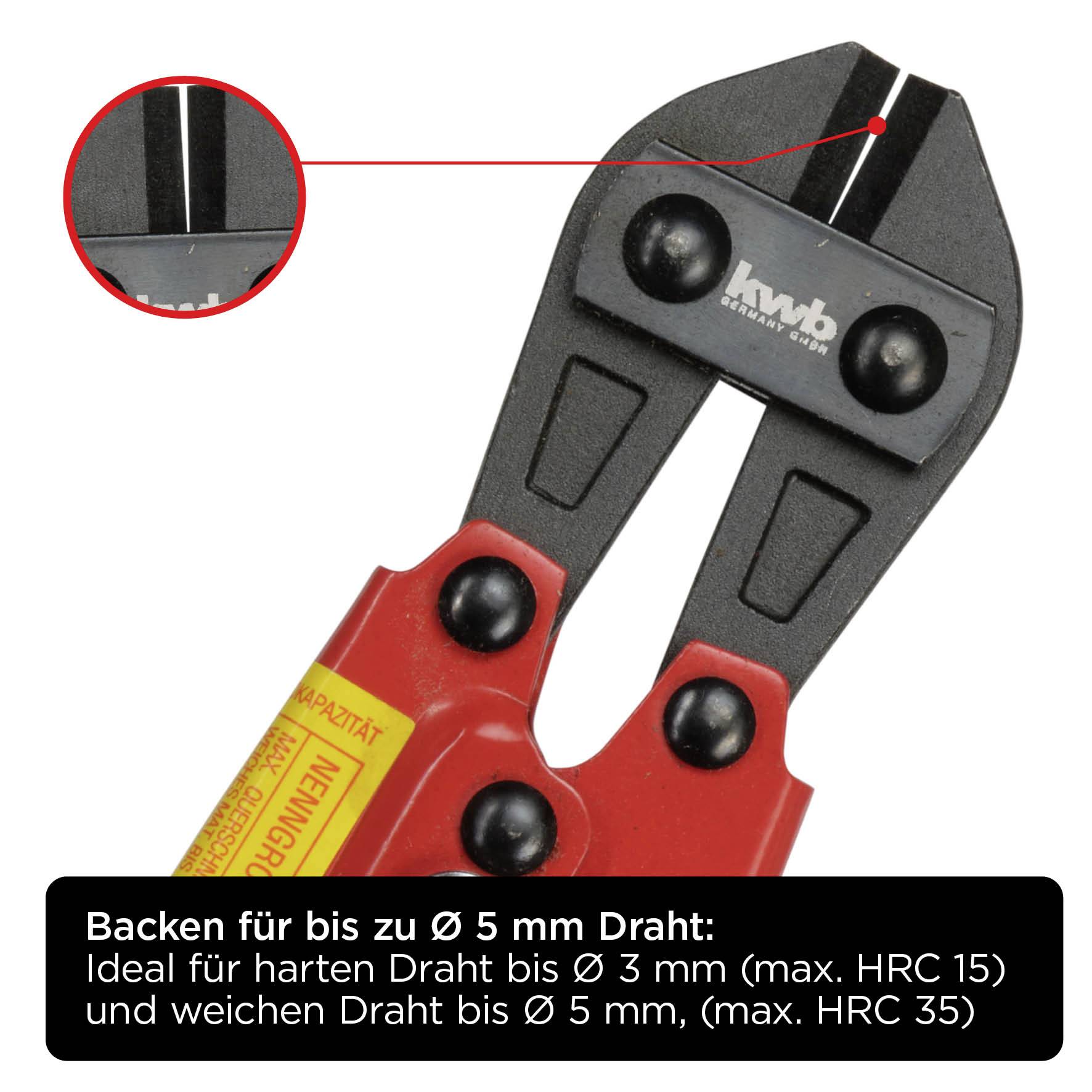 Zange zum Schneiden von hartem Draht bis Ø 3 mm und weichem Draht bis Ø 5 mm. Vergrößerter Bereich zeigt die Schneidklinge.