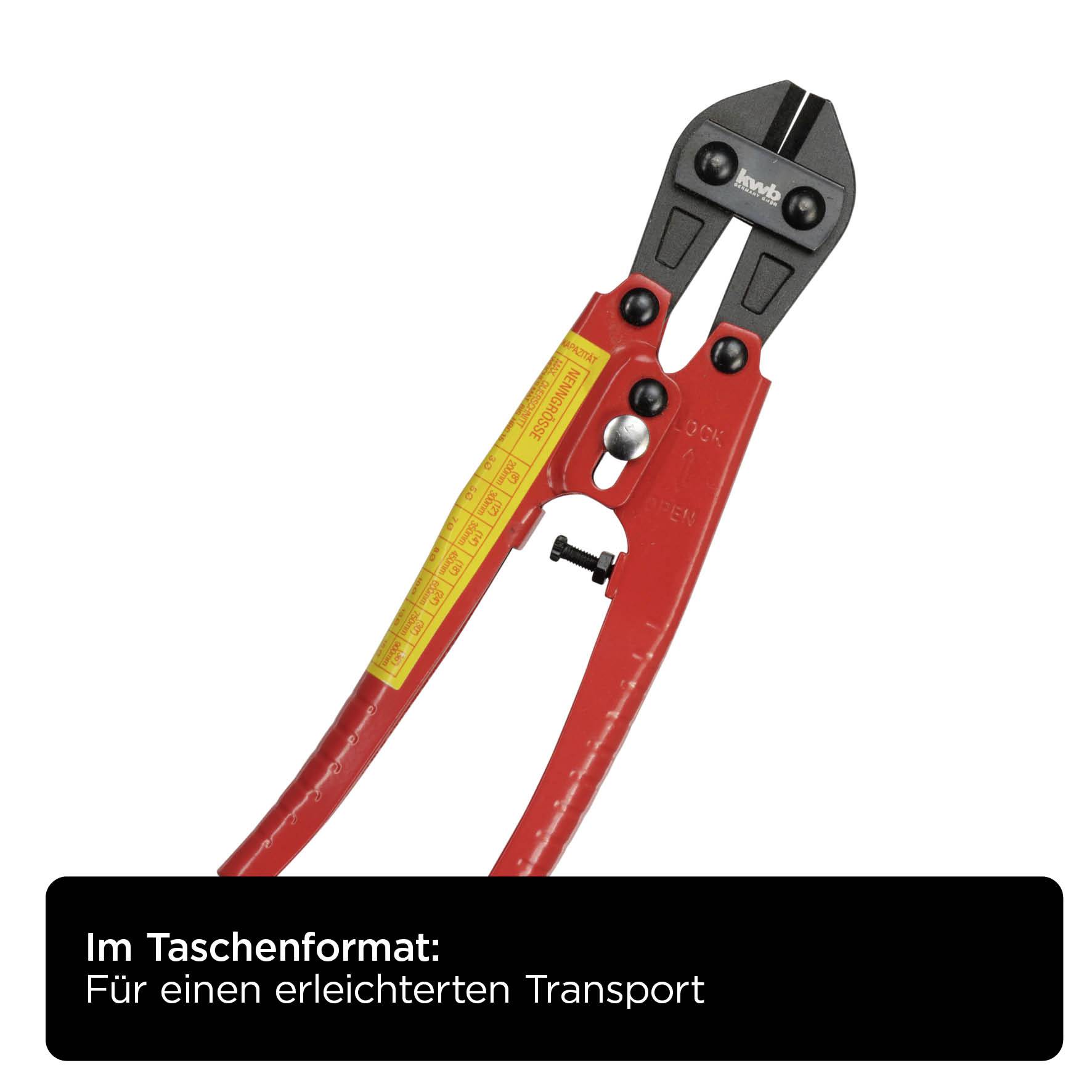 Schneidwerkzeug in Rot und Schwarz, zweiteilig, mit der Aufschrift 'Im Taschenformat: Für einen erleichterten Transport' unten.