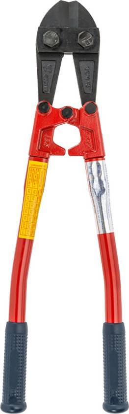 Roter Bolzenschneider mit schwarzen Griffen, geeignet zum Trennen von Drähten oder Bolzen in handwerklichen oder industriellen Anwendungen.