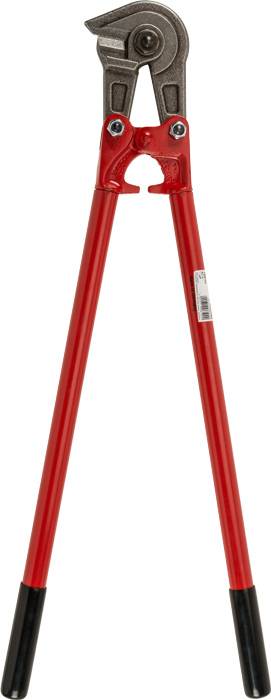 Ein roter Bolzenschneider mit langen Griffen, geeignet zum Schneiden von dicken Metallstangen oder Draht.