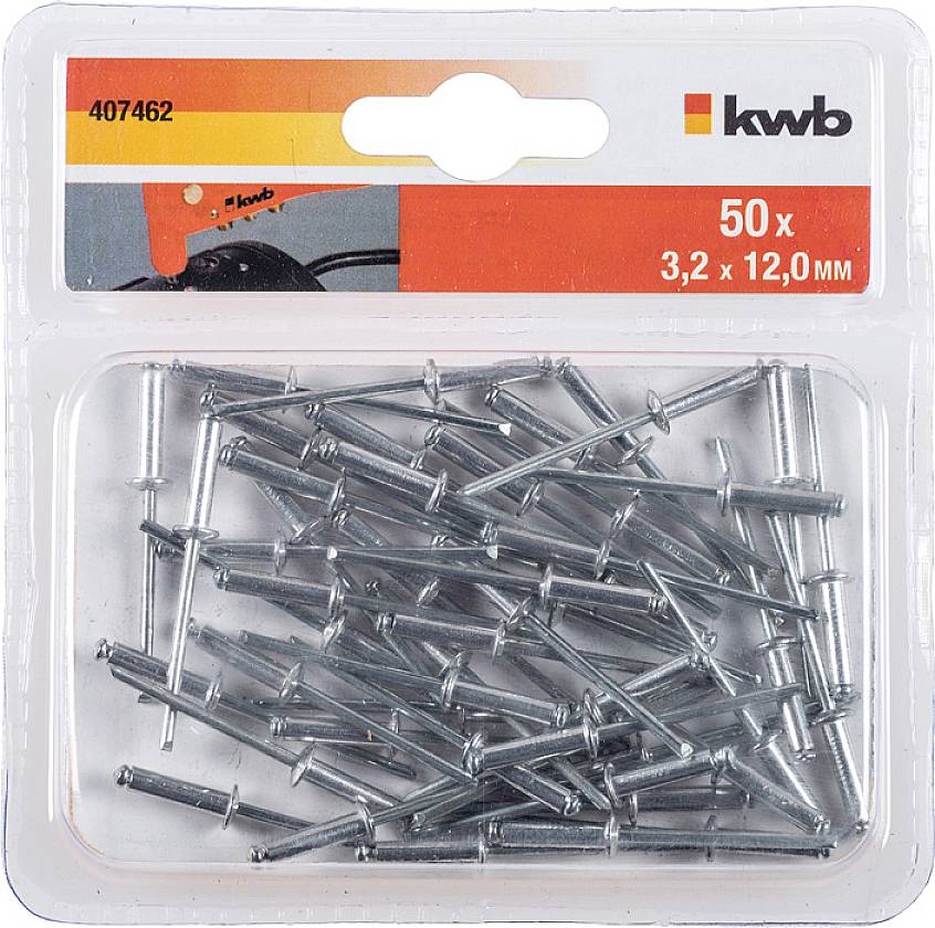 'Verpackung mit 50 Blindnieten, Größe 3,2 x 12,0 mm, Marke kwb, Artikelnummer 407462. Transparentes Kunststoffgehäuse.'