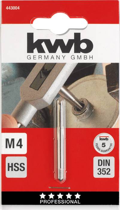 Verpackung eines M4 HSS-Gewindebohrers von kwb Germany GmbH. Hinweis auf DIN 352 Norm und 5 Jahre Garantie.