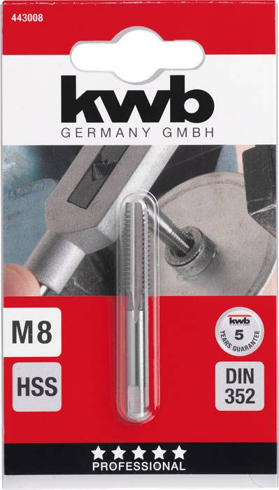 Verpackung mit Gewindebohrer-Set der Größe M8 von KWB, geeignet für schnelles Schneiden in Metall, mit '5 Jahre Garantie'.
