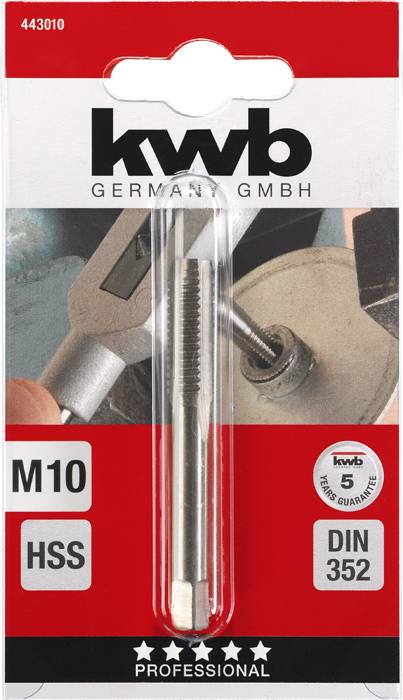 'Kwb' M10 HSS Gewindebohrer-Verpackung, zeigt Metallbohrer vor Hintergrund mit Bohrmaschine; DIN 352 Norm, 5 Jahre Garantie.