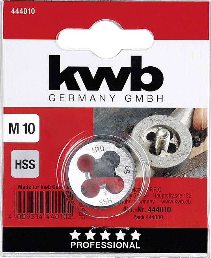 'Kwb Germany GmbH Gewindeschneideisen M10 HSS, geeignet für Metallbearbeitung. Verpackung mit Bild der Anwendung.'