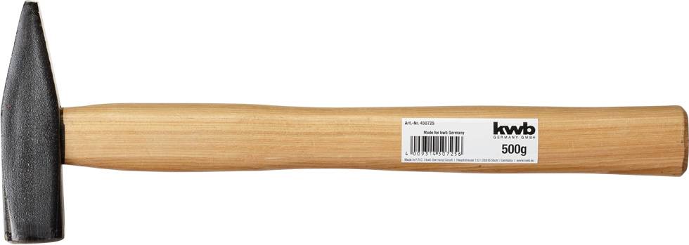 'Hammer mit Holzgriff und Metallkopf, Etikett mit Aufschrift "kwb, 500g".'
