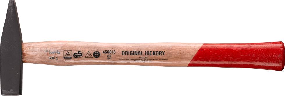 Ein Hammer mit Holzgriff und rotem Ende, beschriftet mit 'Original Hickory', für Handwerksarbeiten.
