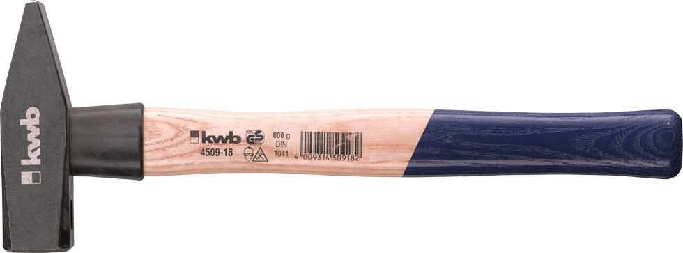 Ein Hammer mit einem Holzstiel. Der Kopf ist schwarz, der Stiel teils naturbelassen und teils blau lackiert.