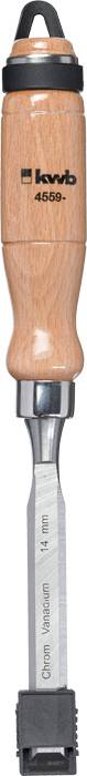 Holzgriff-Stechbeitel mit Metallklinge, 'Chrome-Vanadium-Stahl', 14 mm Breite, schwarzer Klingenschutz.