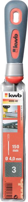 Metallfeile von kwb mit ergonomischem Griff. Verpackung zeigt Produktinformationen: Größe 150 mm, Hieb 4,0 mm, Packung enthält 3 Stück.