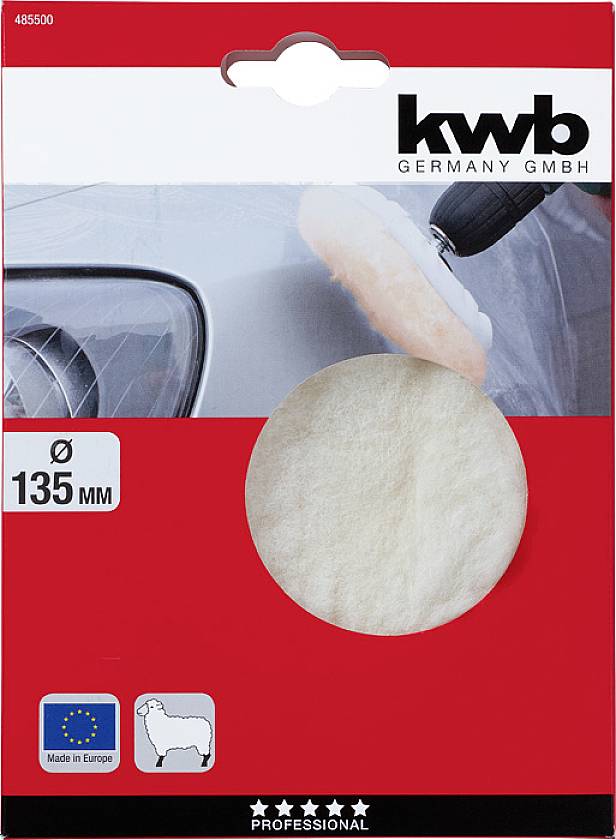 'Kwb Germany GmbH' Polierpad-Verpackung, Ø 135 mm. Abbildung zeigt Polierpad am Autolack. Hergestellt in Europa.
