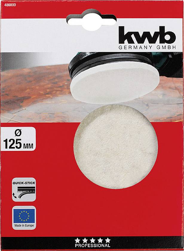 Verpackung eines Polierpads von 'kwb Germany GmbH', mit 125 mm Durchmesser, geeignet für schnelle Befestigung. Hergestellt in Europa.