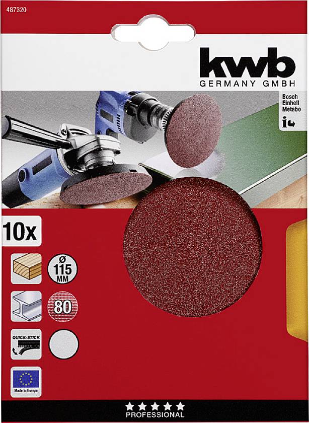 'Verpackung von Schleifscheiben für Winkelschleifer, 10 Stück, 115 mm Durchmesser, Körnung 80, abgebildet auf rotem Hintergrund.'