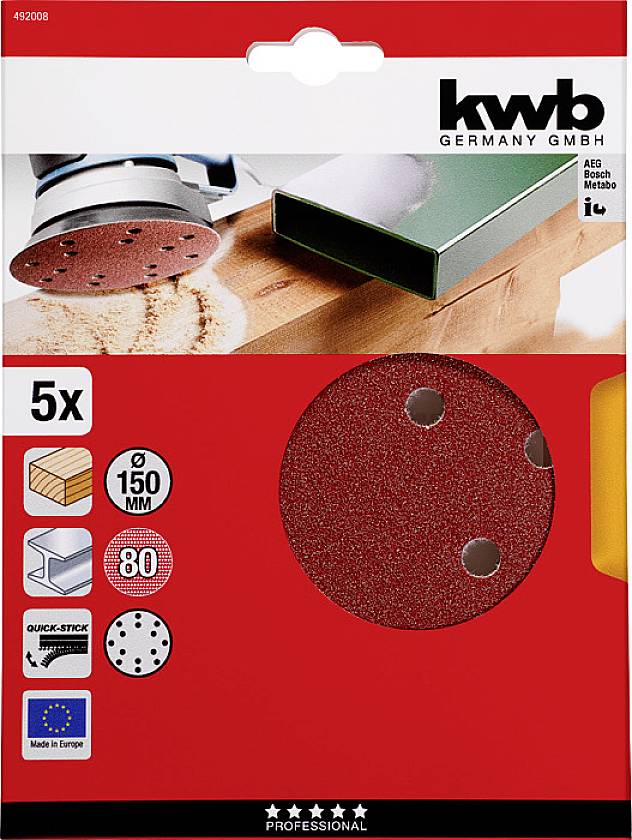 Eine Packung mit fünf roten Schleifscheiben für Exzenterschleifer, Durchmesser 150 mm, Körnung 80, geeignet für Holz und Metall.