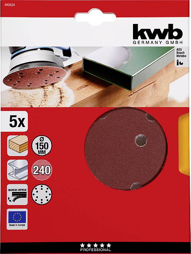 Verpackung von Schleifscheiben, 5 Stück, 150 mm, Körnung 240, für Schleifgeräte. Marke 'kwb', mit Symbolen für Eigenschaften.