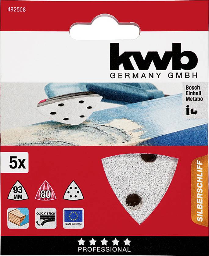 Verpackung eines Schleifpapiers mit einer detailierten Abbildung des Papiers und Logos. Text: 'kwb Germany GmbH', 'Silberschliff', '93 mm'.