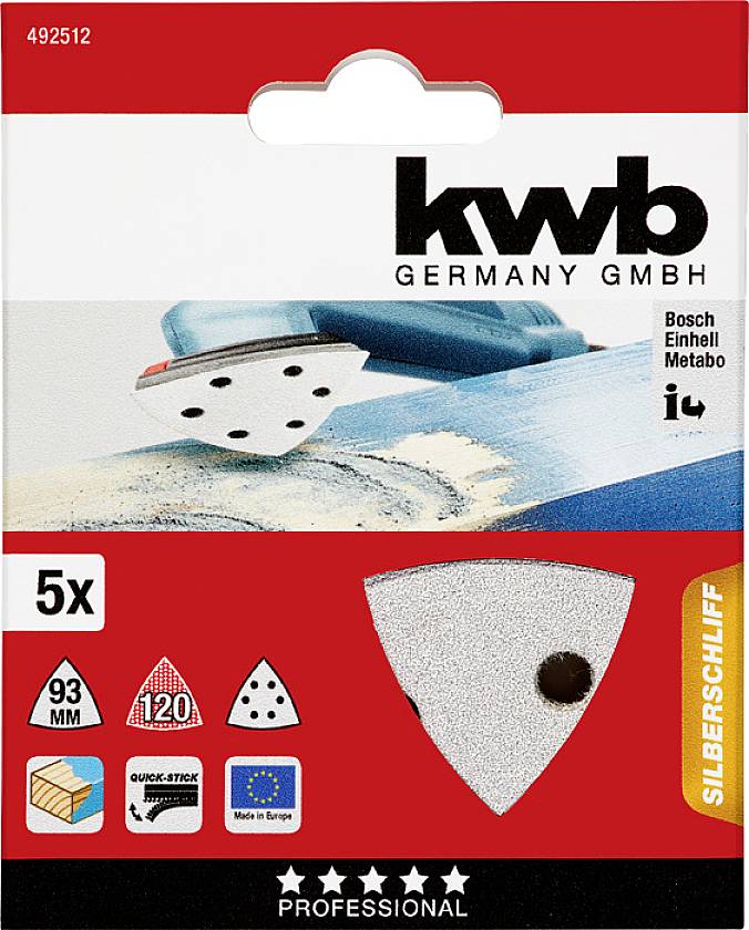 Schleifpapier-Set 'kwb Germany GmbH' für Dreieckschleifer mit Silberschliff, 93 mm, Körnung 120, geeignet für Bosch, Einhell, Metabo.