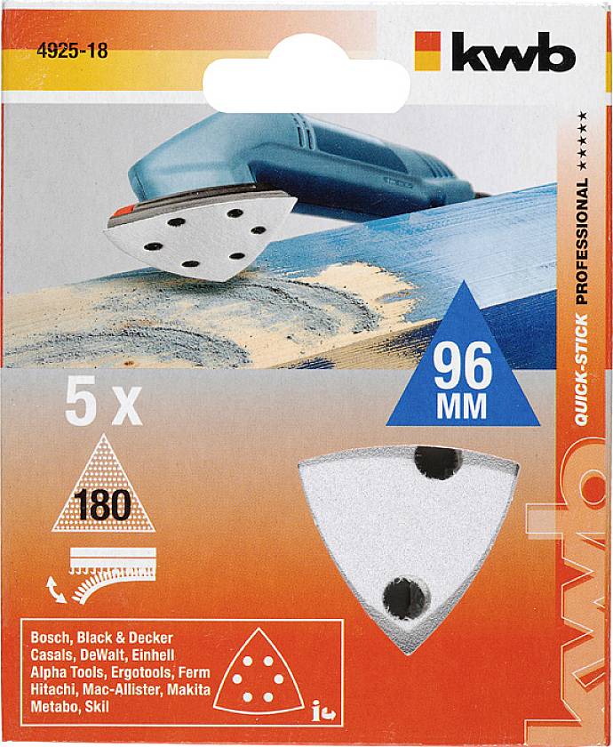 'Verpackung von dreieckigen Schleifpapieren, 96 mm, für Winkelschleifer. Enthält 5 Stück. Geeignet für verschiedene Werkzeuge.'