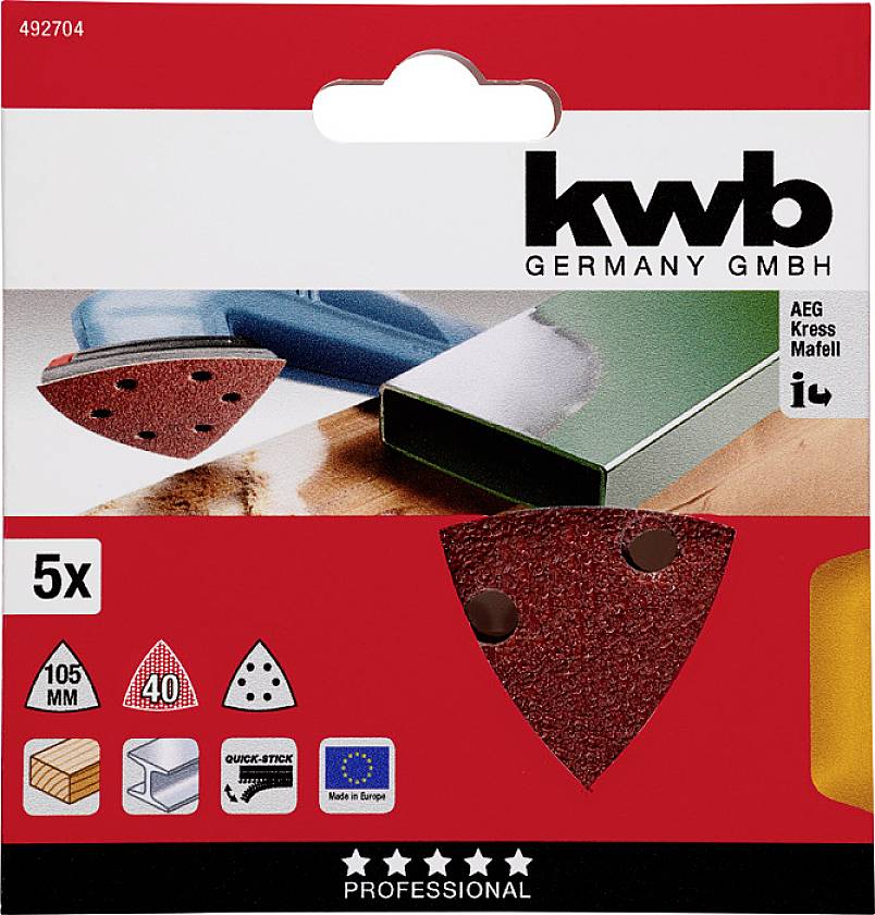 Verpackung für Schleifpapier, fünf dreieckige Blätter, 105 mm, Körnung 40, geeignet für Elektrowerkzeuge. Marke: 'kwb'.
