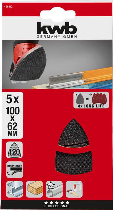 'Produktverpackung von Schleifpapier von KWB, zeigt 5 dreieckige Pads, jedes 100 x 62 mm, und deren Einsatzbereiche wie Holz und Metall.'