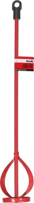 Roter Farbmischer mit schwarzem Griff und rot verkabelten Mischfächern, geeignet zum Mischen von Malfarben oder Mörtel.