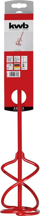 Ein roter Mörtelrührer mit Verpackung. Die Verpackung zeigt das Logo 'kwb' und Symbole für Anwendungsbereiche.