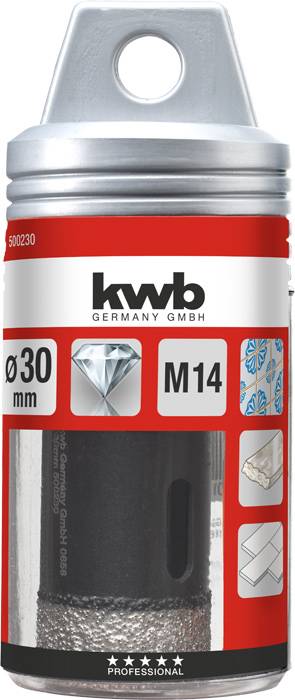 Bohrer von kwb Germany GmbH mit 30 mm Durchmesser, M14 Gewinde. Image zeigt Produktaufmachung und Verpackungsdetails.