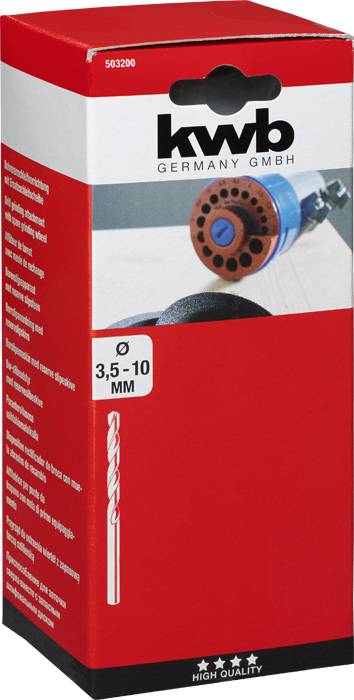 Verpackung eines Bohrers von 'kwb Germany GmbH', rote Box mit Bild eines Bohrkopfes, Durchmesserangabe 3,5-10 mm, hoher Qualität.