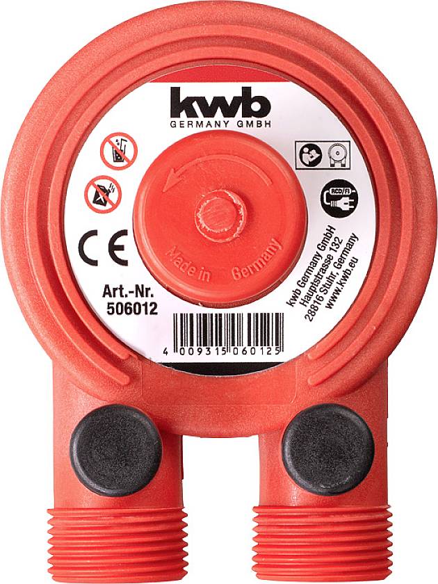 Roter Kunststoffadapter mit Schraubgewinden und Symbolen zur Anwendungssicherheit. Hersteller: kwb Germany GmbH. Artikelnummer: 506012.