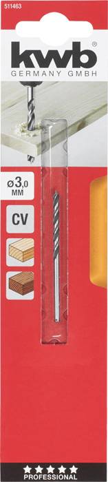 Bohrer-Verpackung der Marke kwb für Holz, Kunststoffe und Weichmetalle, Größe 3,0 mm. Enthält Abbildungen der Anwendungsmaterialien.